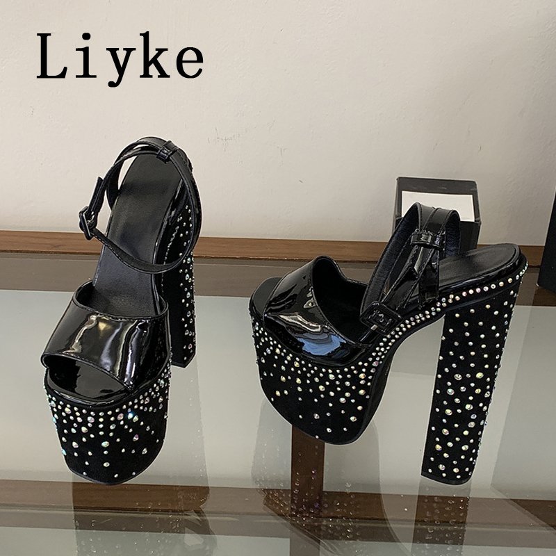 Rhinestone Sandal Women - Liyke Mode Kristal Strass Dikke Hoge