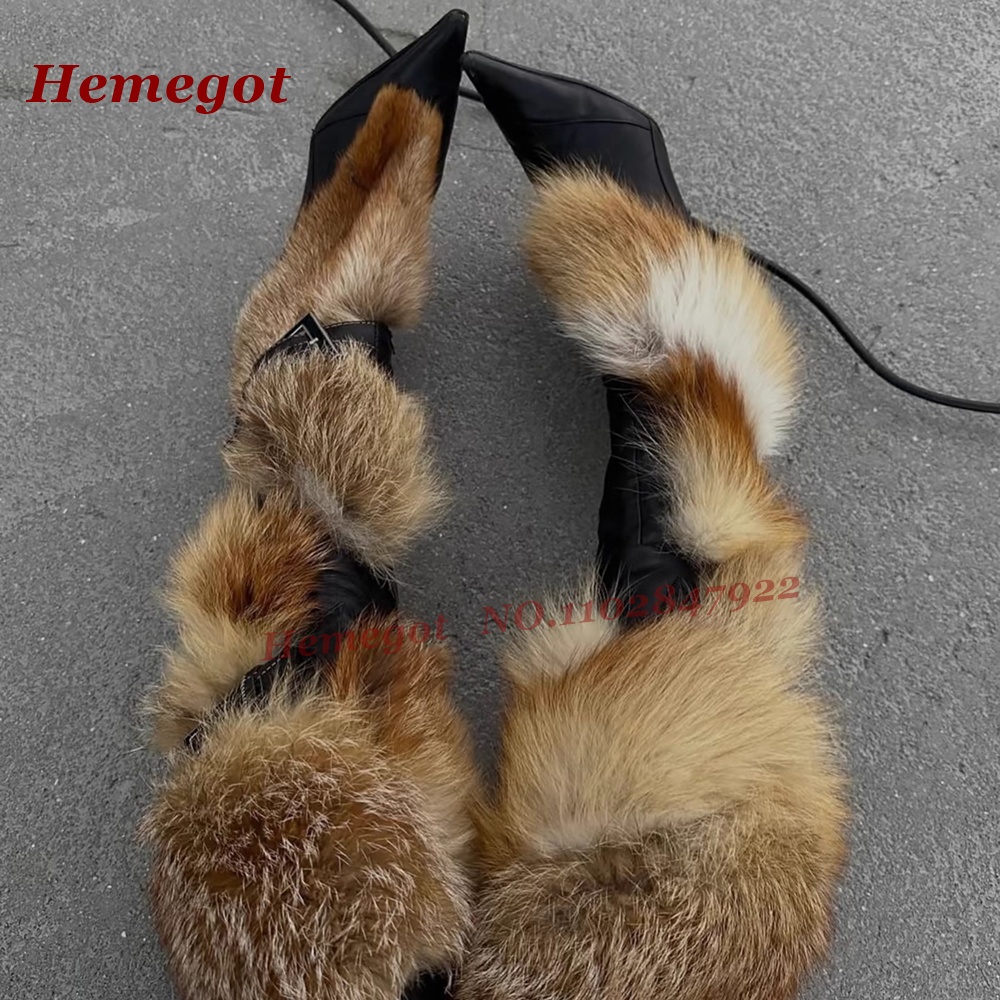 Strappy Heeled Sandals - Pluizige Bruine Gevoerde Kniehoge Laarzen met