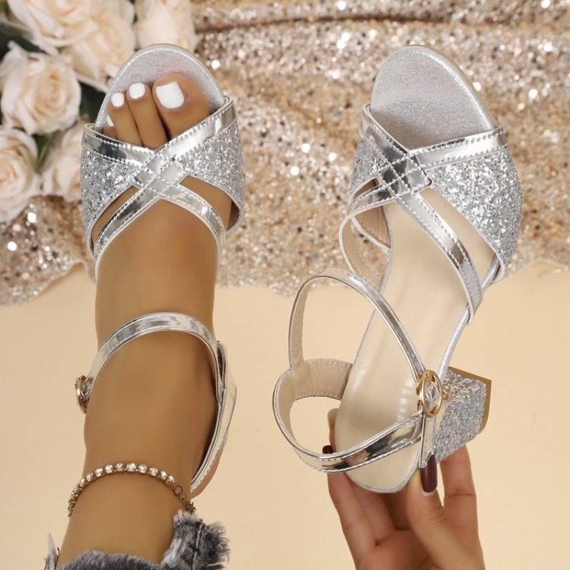 Strappy Heeled Sandals - Vrouwen Blokhakken Sandalen Goud Sparkly Cross