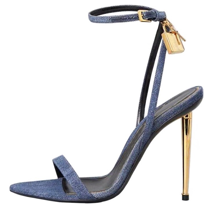 Women Shoes Jeans - Scherpe Puntige Gouden Slot Strappy Hoge