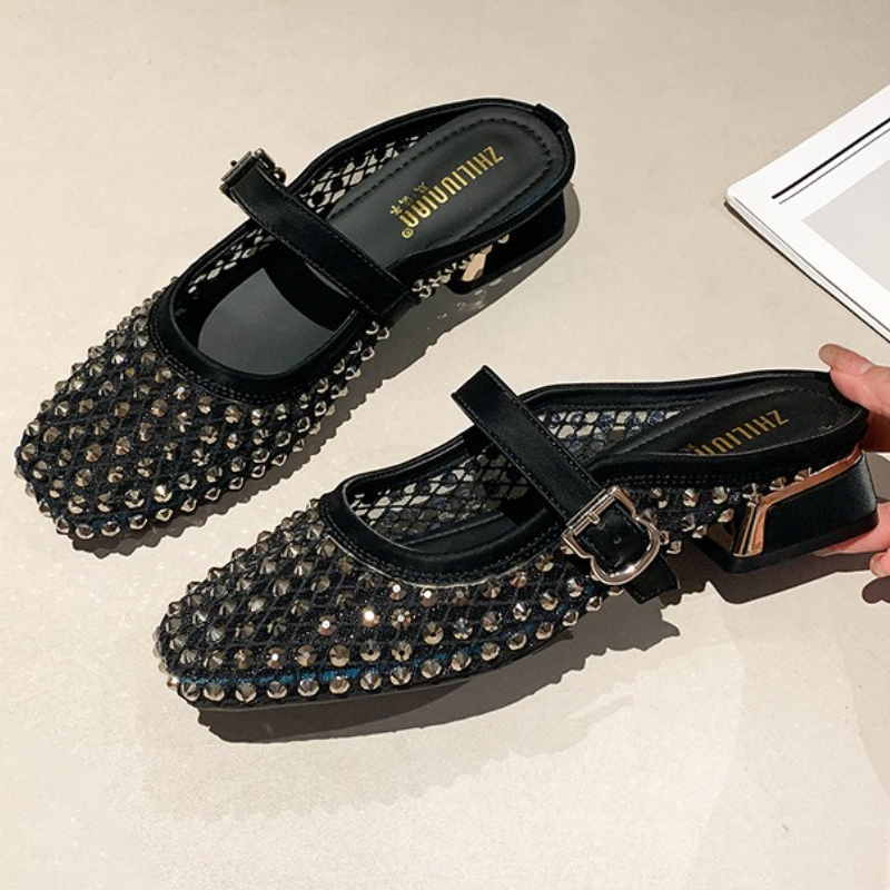 Rhinestone Sandal Women - Mesh Strass Dikke Hak Muilezels Slippers