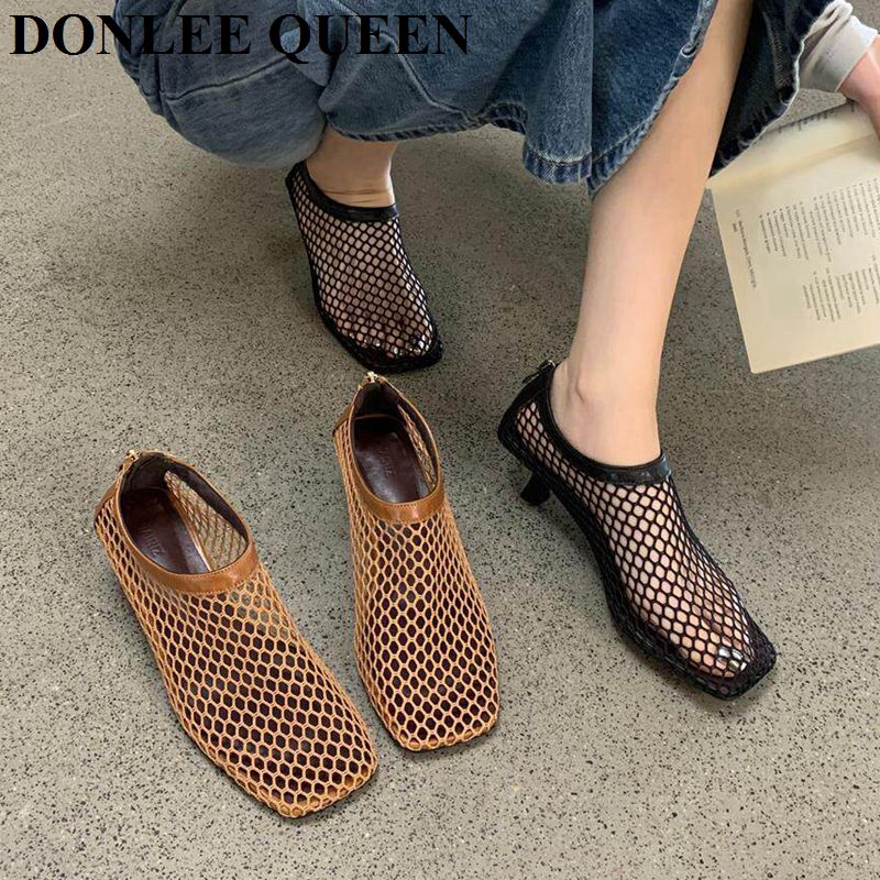 Women'S Shoes Kitten Heels - Vintage mesh muiltjes met vierkante neus,
