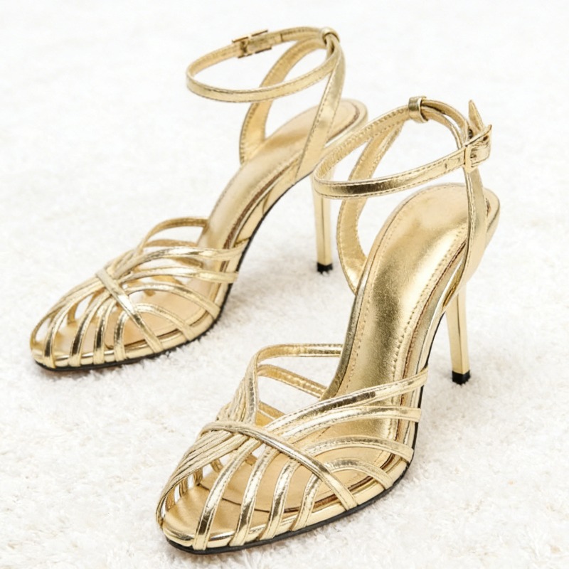 Metallic Heel Sandal - Sexy Gouden Holle Smalle Band Hoge