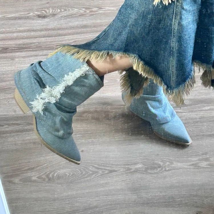 Geplooide Denim Enkellaarzen V - Women Shoes Jeans recensie en prijs