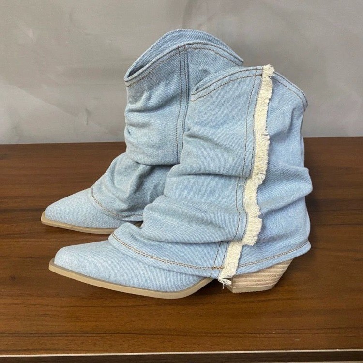 Geplooide Denim Enkellaarzen V - Women Shoes Jeans recensie en prijs