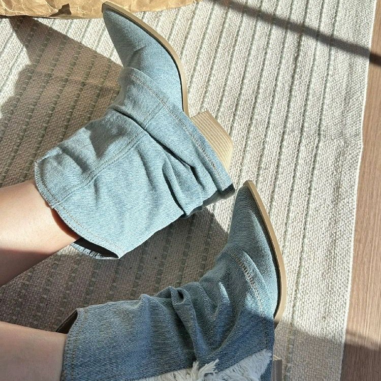 Geplooide Denim Enkellaarzen V - Women Shoes Jeans recensie en prijs